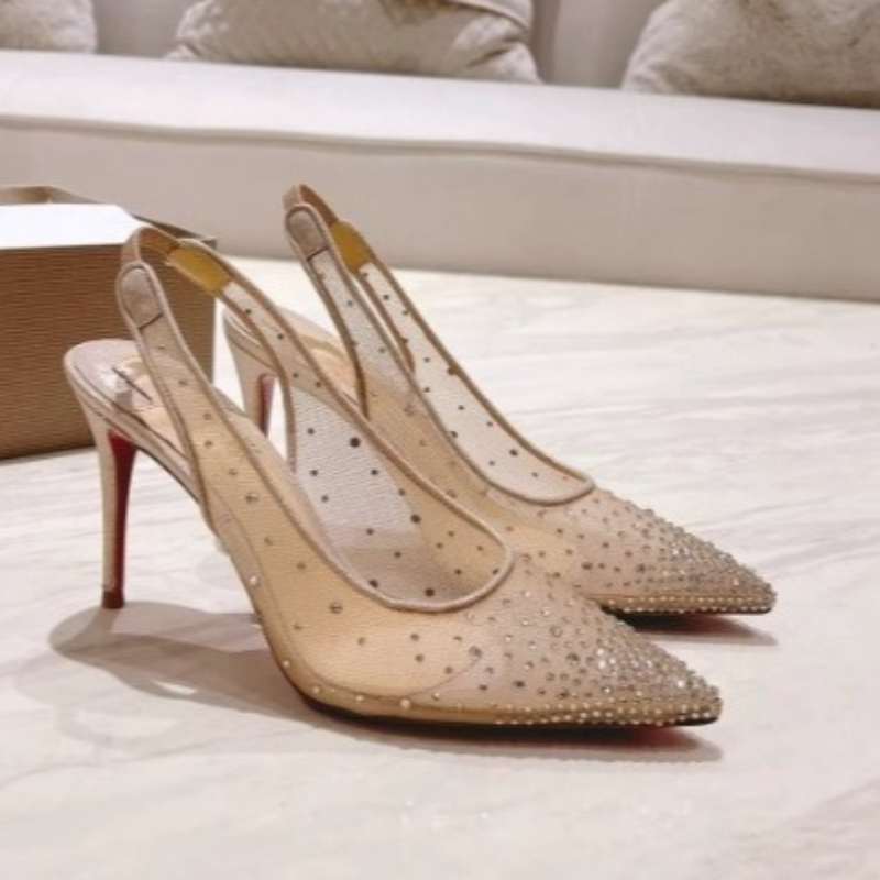 Casual Sandal Leather - Mesh Rhinestone Rear Empty Stiletto Women's