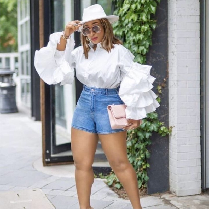 Shirt Camp Collar - Women White Shirts Solid Full Ruffles