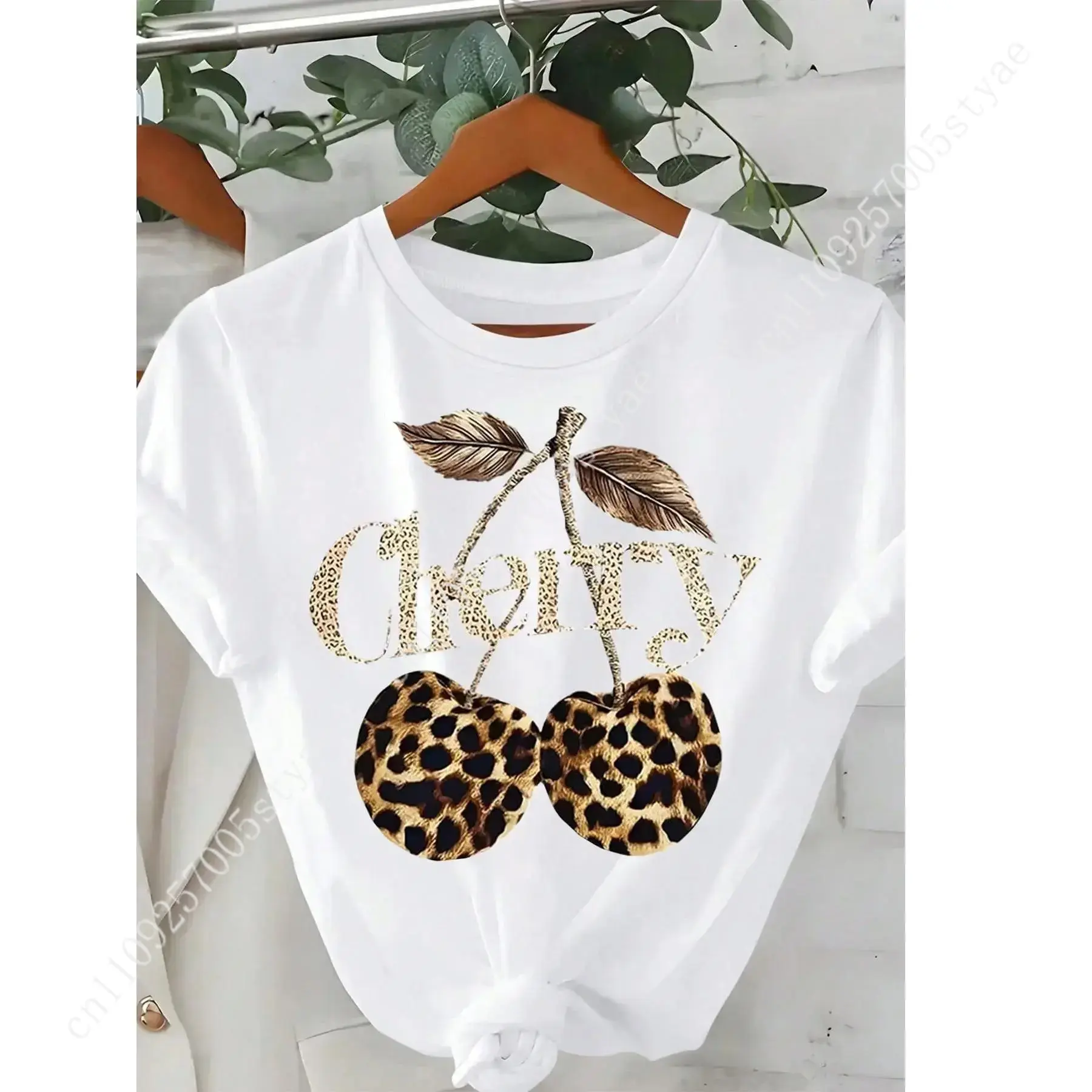 Tee Graphic Print - Women's Cherry & Leopard Print Round