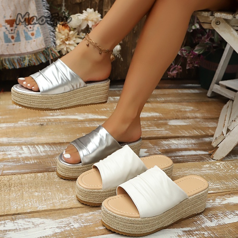 Espadrille Slip On - Women's Ruched Espadrille Wedge Slide Sandals