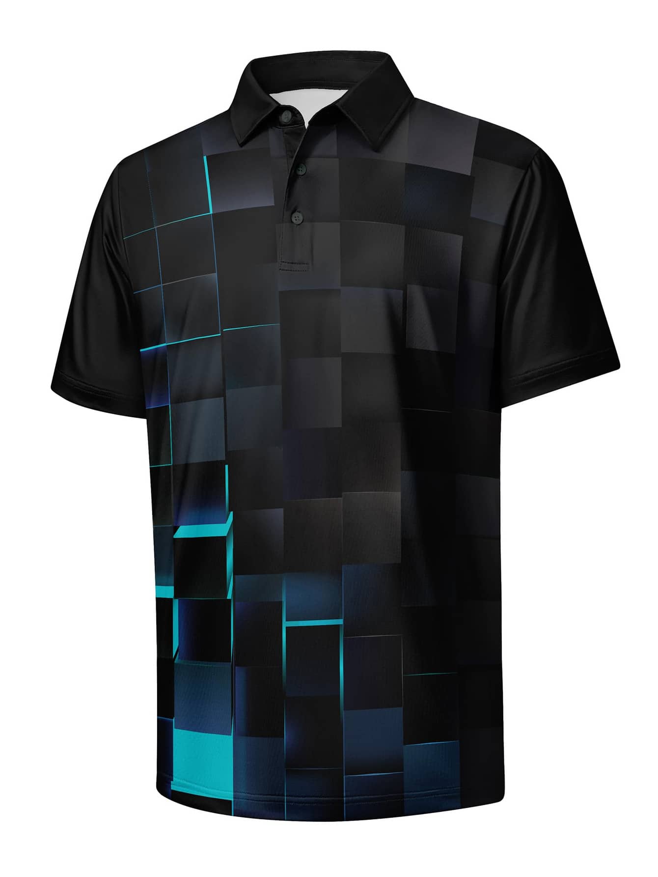 Polo Shirt Pique - Active Mens Classic Cyan Blue Squares