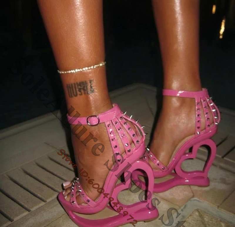 Casual Sandal Leather - Hot Pink Spike Stud Caged Heart