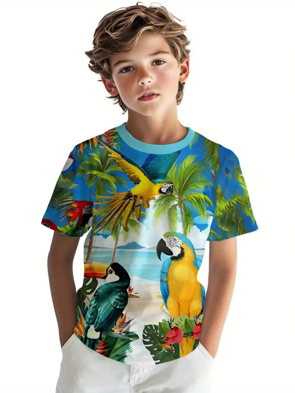 Tee Graphic Print - Kids' Tropical Macaw Parrots Beach Print