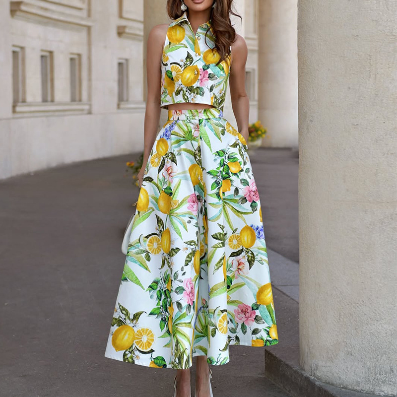 Shirt Camp Collar - Women's Fashion Lemon Print Sleeveless Shirt