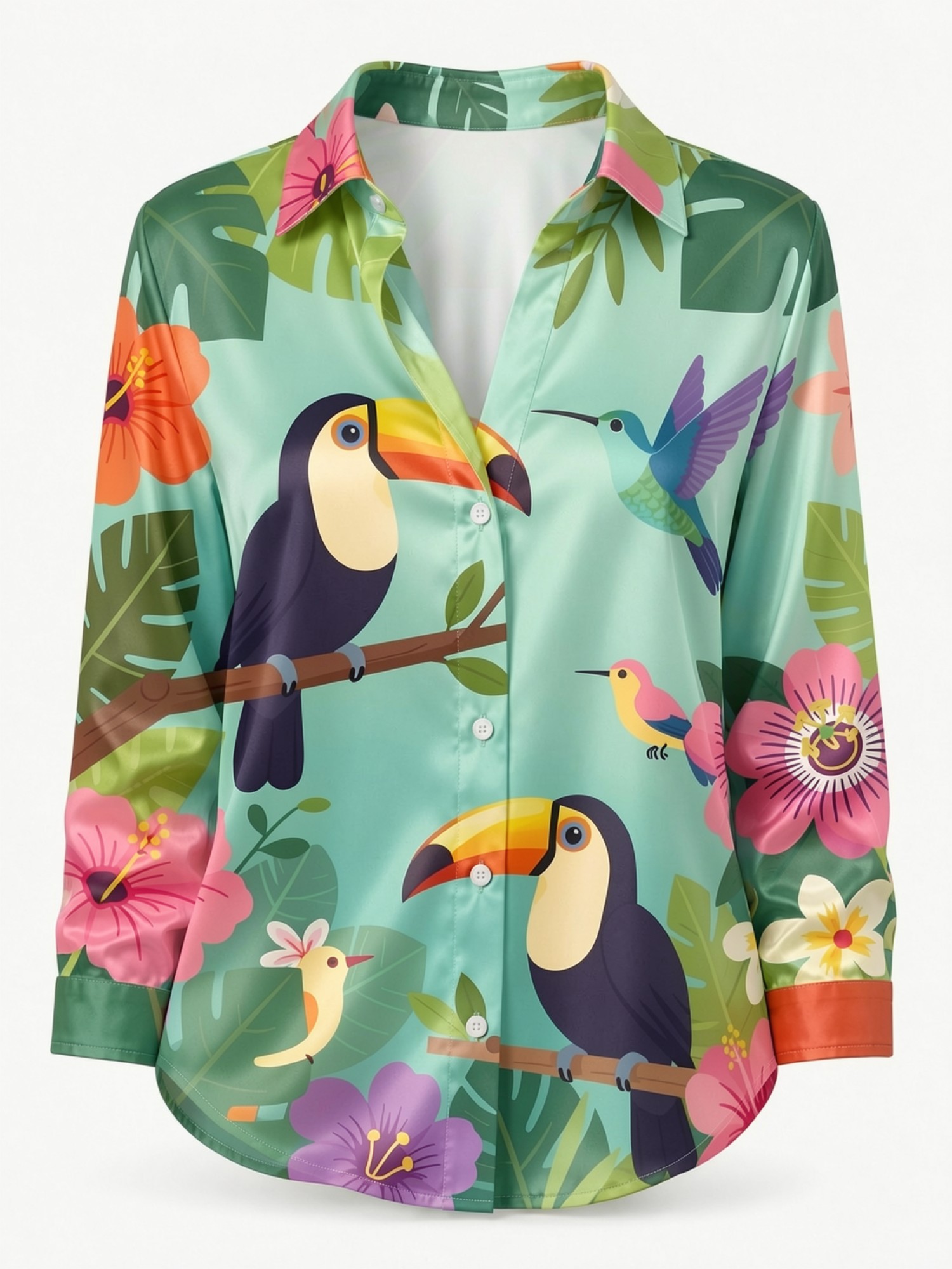 Mint Toucan Satin Button Shirt - огляд і ціна Resort Shirt Floral