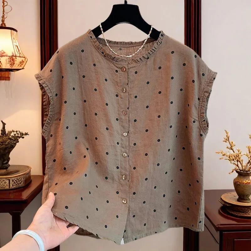 Women's Retro Polka Dot Linen  - огляд і ціна Shirt Camp Collar