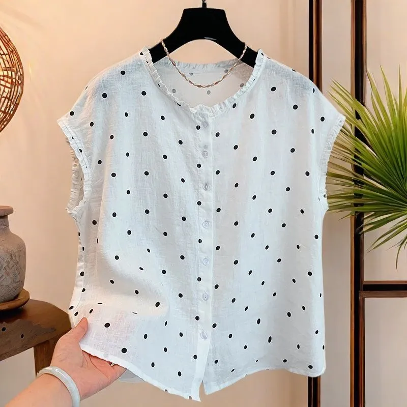 Women's Retro Polka Dot Linen  - огляд і ціна Shirt Camp Collar