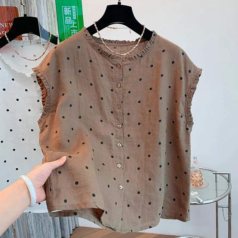 Women's Retro Polka Dot Linen  - огляд і ціна Shirt Camp Collar