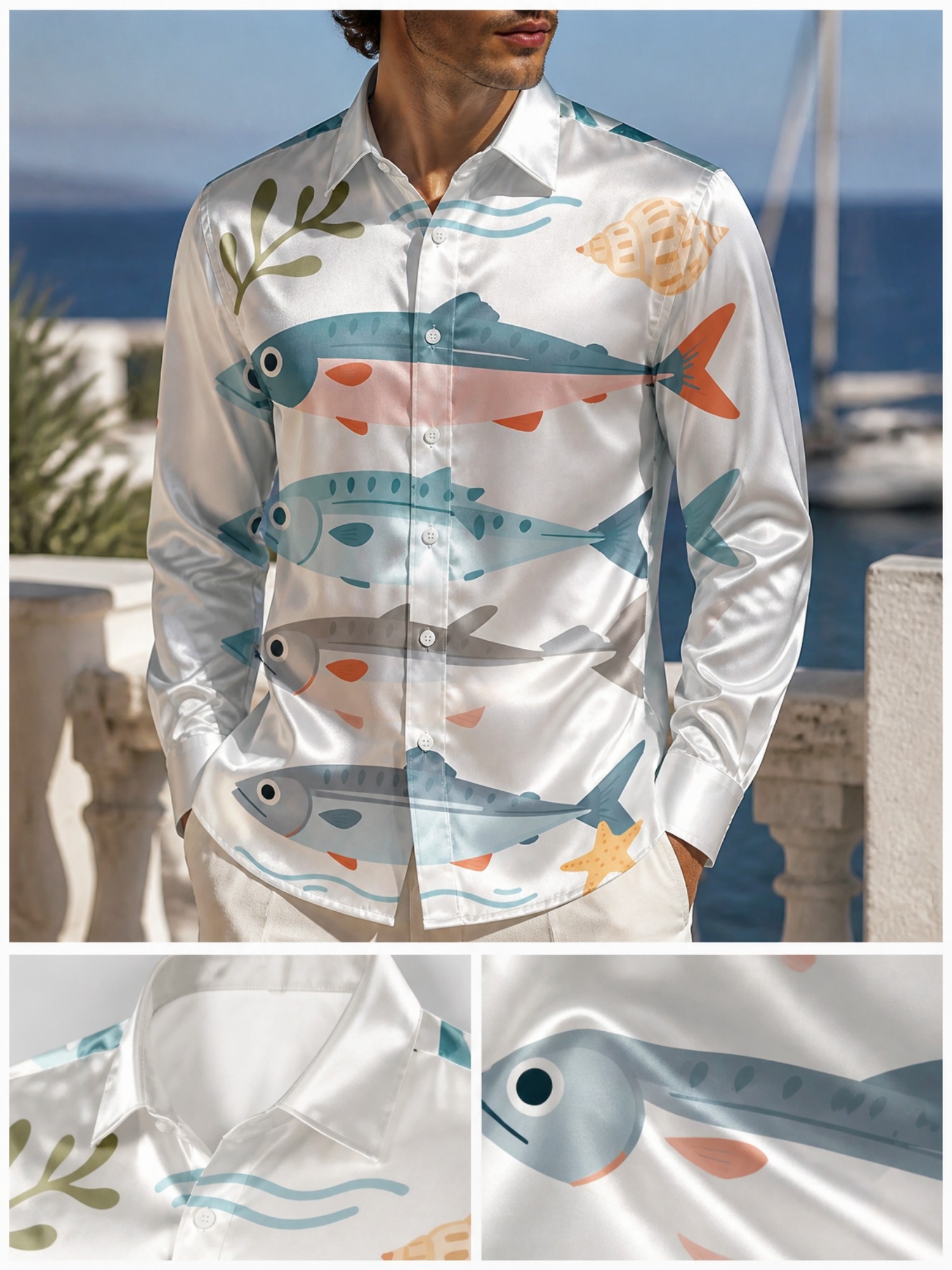 Mens Luxury Satin Long Sleeve  - огляд і ціна Resort Shirt Floral